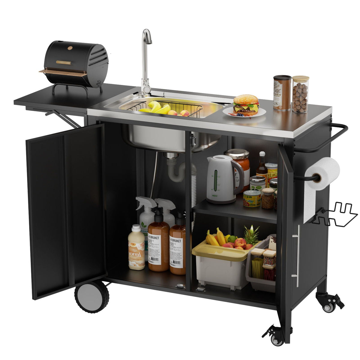 Outdoor Grill Table With Sink and Foldable Work Surface - Black