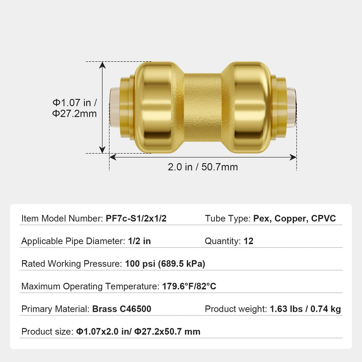 1/2" Brass Pipe Fittings Set with Push-Fit Installation - Brass