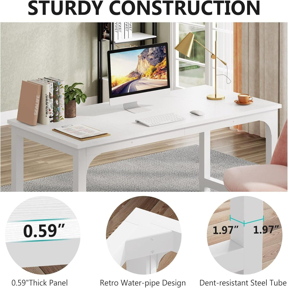 Large Executive Desk with Thick Frame - White