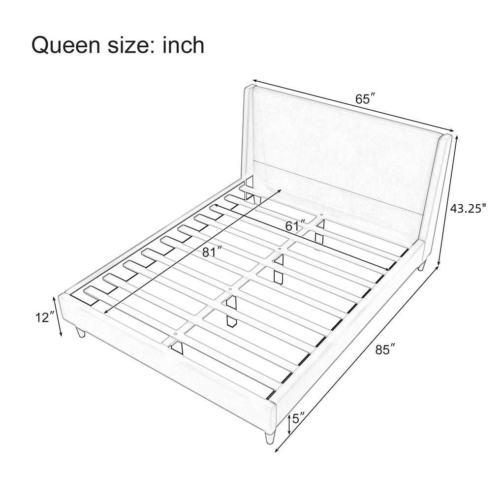 Upholstered Modern Platform Bed with Wingback Headboard - Beige or White