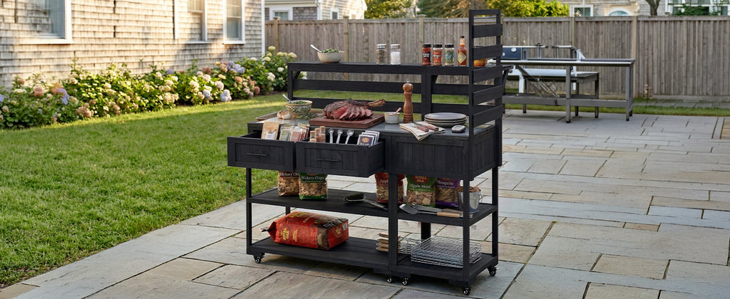 Solid Wood Patio Kitchen Island with Stainless Steel Top - Available in Black, Brown, or Gray