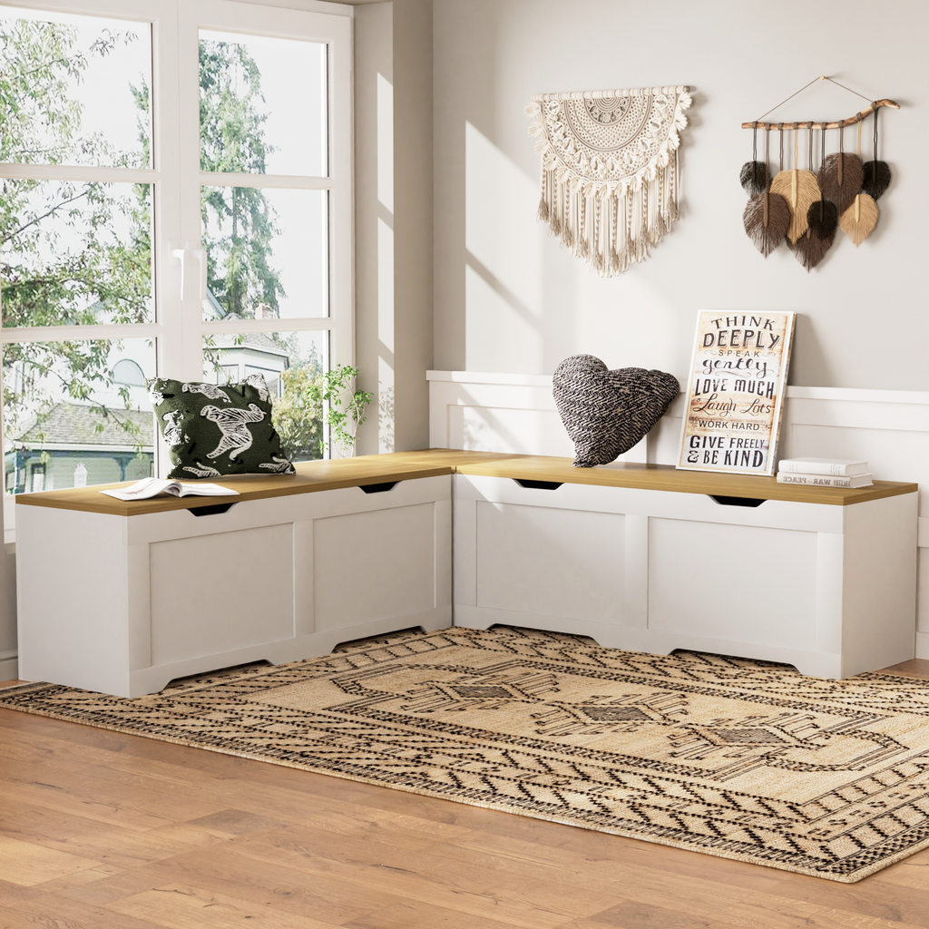 3-Piece L-Shaped Multi-Functional Storage Bench with Cushion - White/Natural