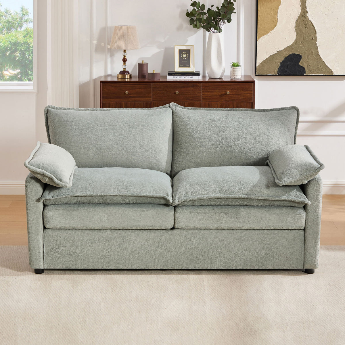 Modern Loveseat Sofa with Side Storage Pockets - Green, Beige, or Dark Gray
