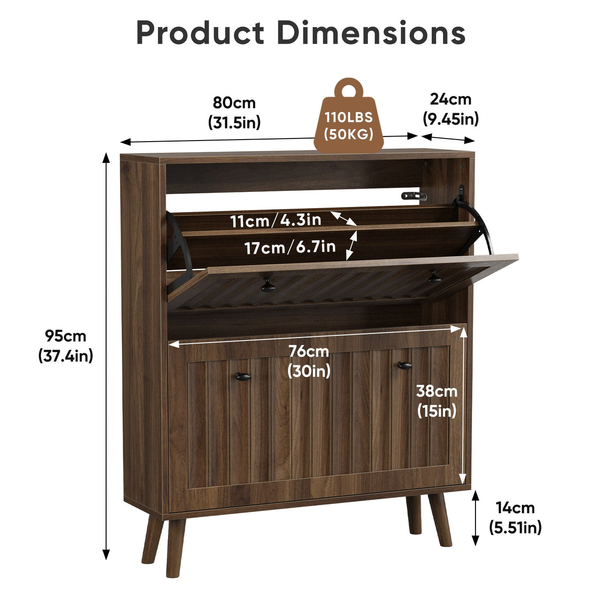 Walnut Shoe Cabinet Storage Unit with Tiered Storage - Dark Brown