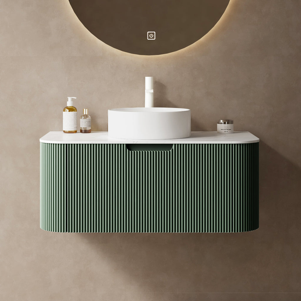 36" Floating Bathroom Vanity with Curved Edges and Ceramic Sink - Dark Green
