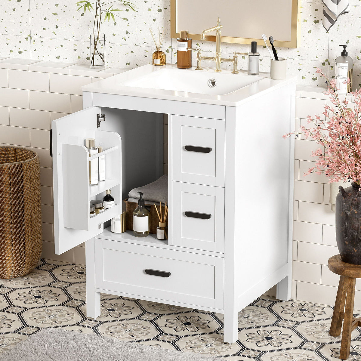 Bathroom Vanity with Sink, Soft-Close Doors & 3 Drawers - White, Black, Green