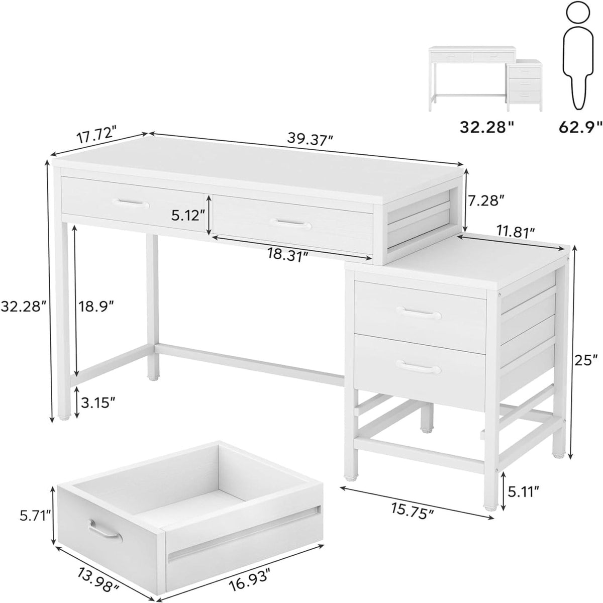 Computer Desk with Reversible 5 Drawer Storage - White or Light Brown