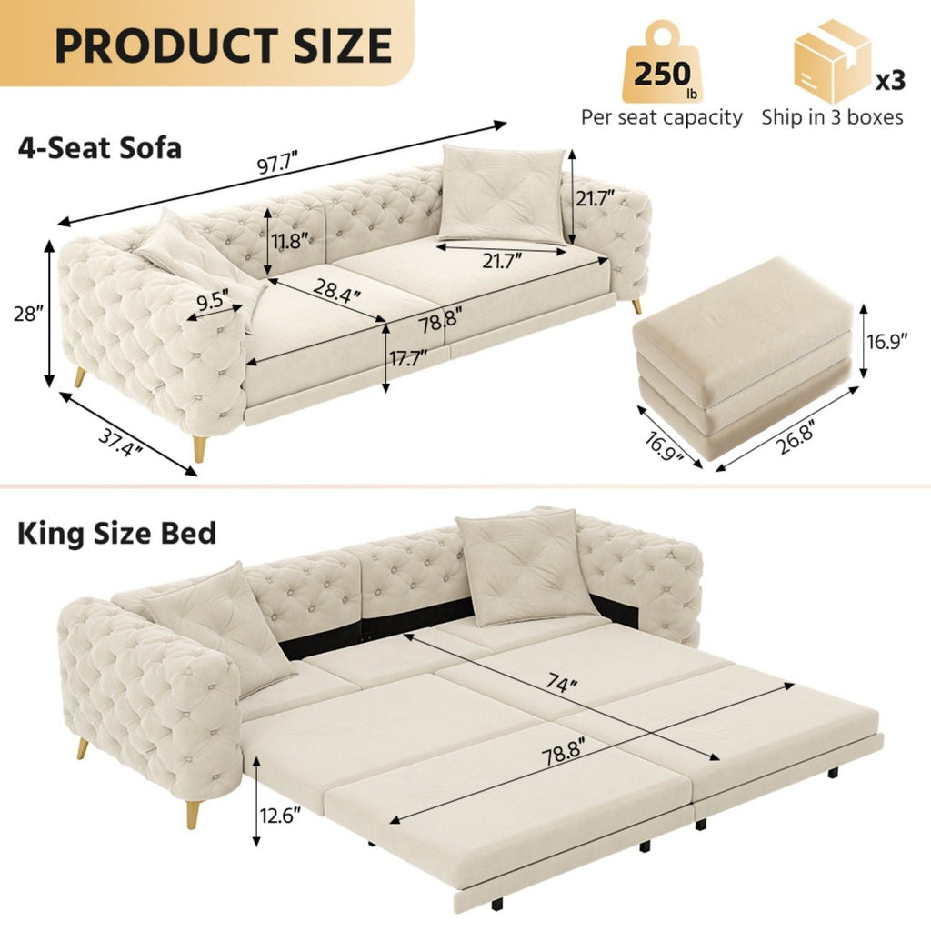 3-In-1 Convertible Sleeper Sofa Set with Deep Seat & Movable Ottoman - White, Beige, Gray