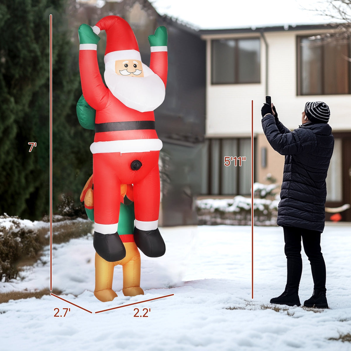 7ft Hanging Christmas Inflatable Santa with Dog with LED Lights - Brown, Green, Red