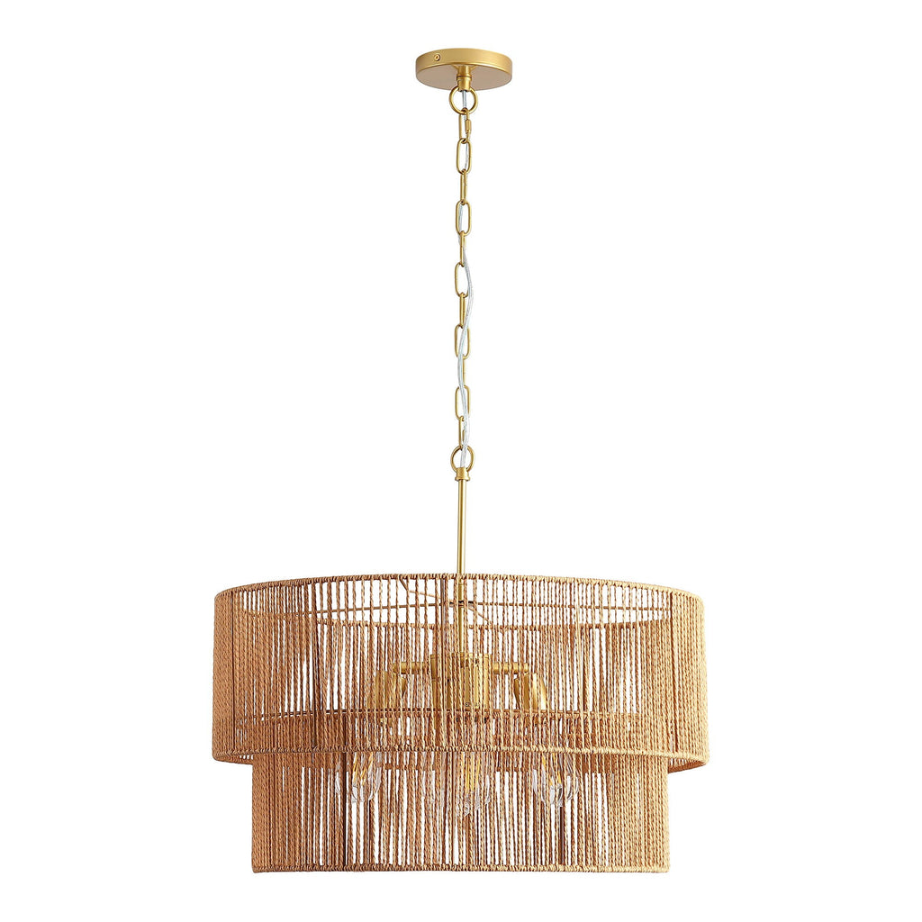 2 Tier Boho Wabi Sabi Chandelier with Handwoven Rattan Shade - Gold