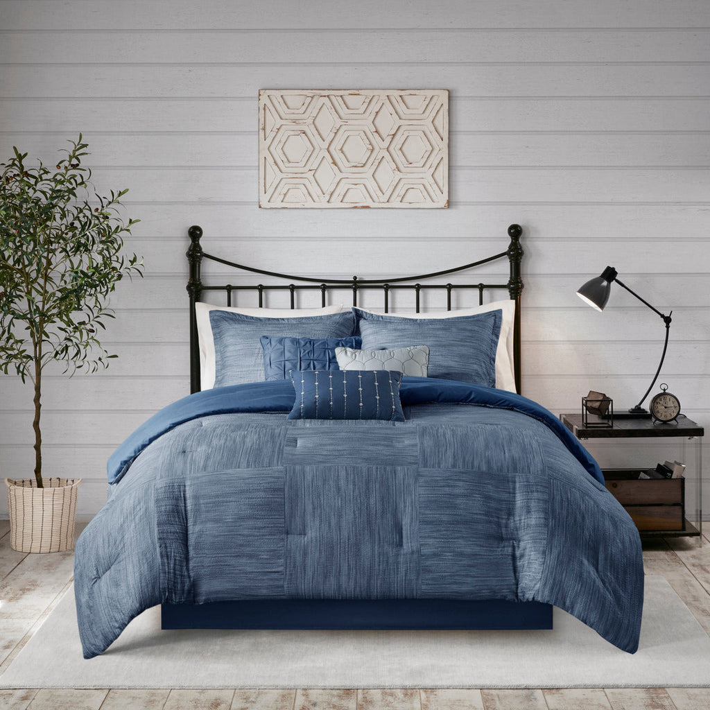 Navy Seersucker Comforter Set with Hypoallergenic Filling - King