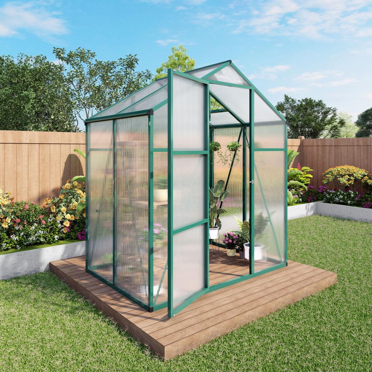 Polycarbonate Walk-In Greenhouse with Raised Base - Green