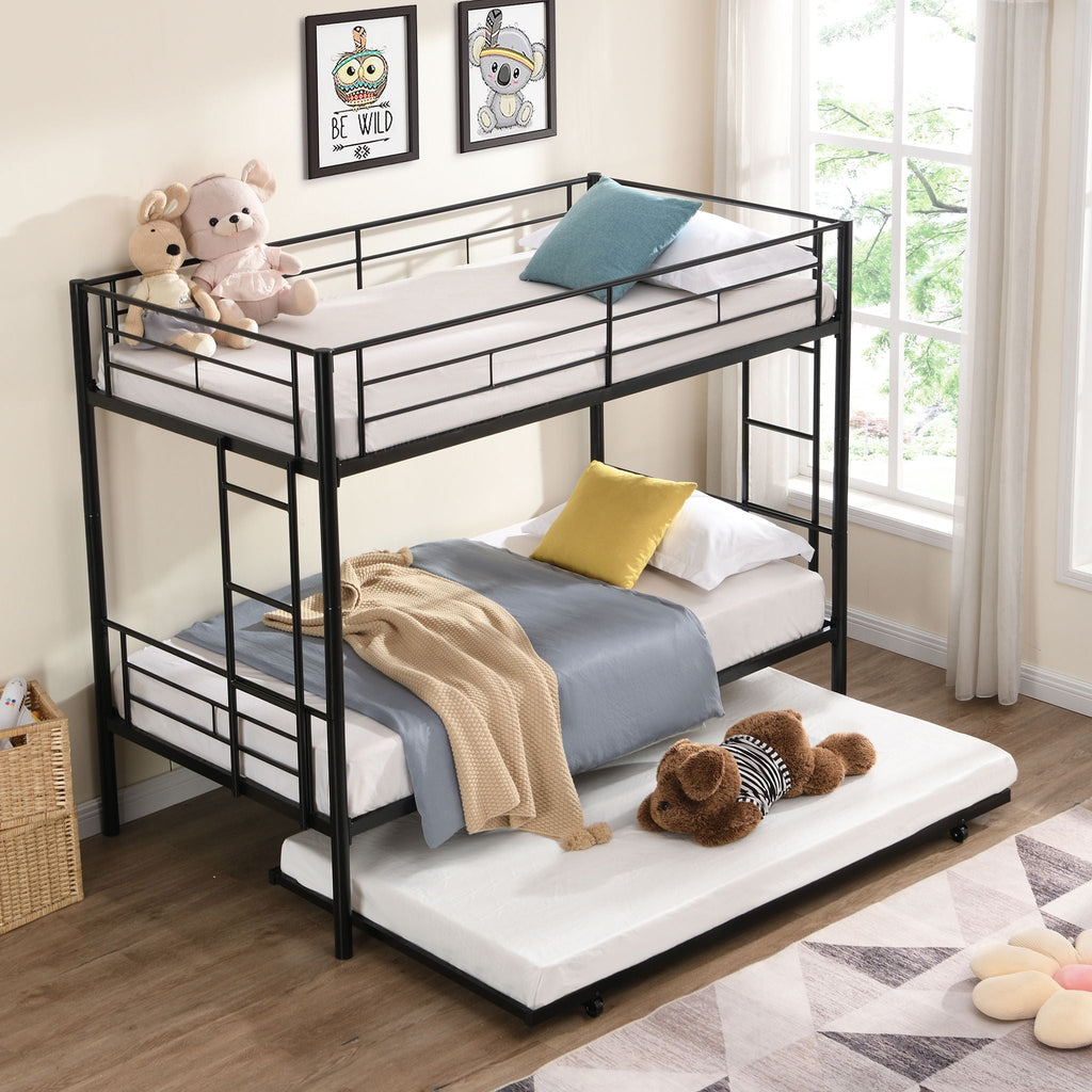 Twin Over Twin Metal Bunk Bed with Trundle - Black
