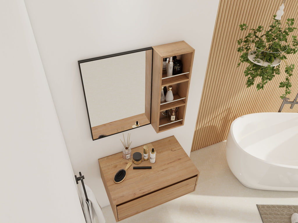 10'' Wall Mounted Bathroom Mirror Cabinet with Open Storage - Imitative Oak
