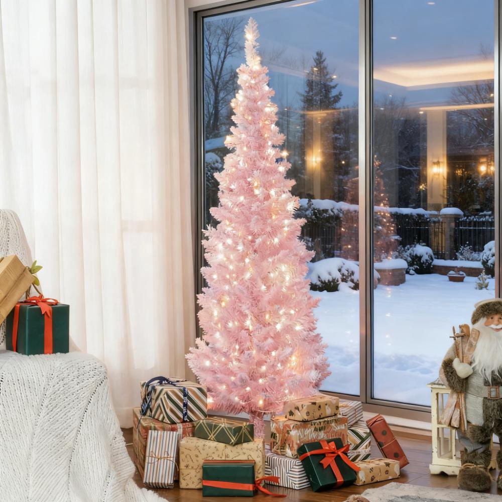 Pink 5ft Pencil Christmas Tree with Snow-Flocked Branches - Pink