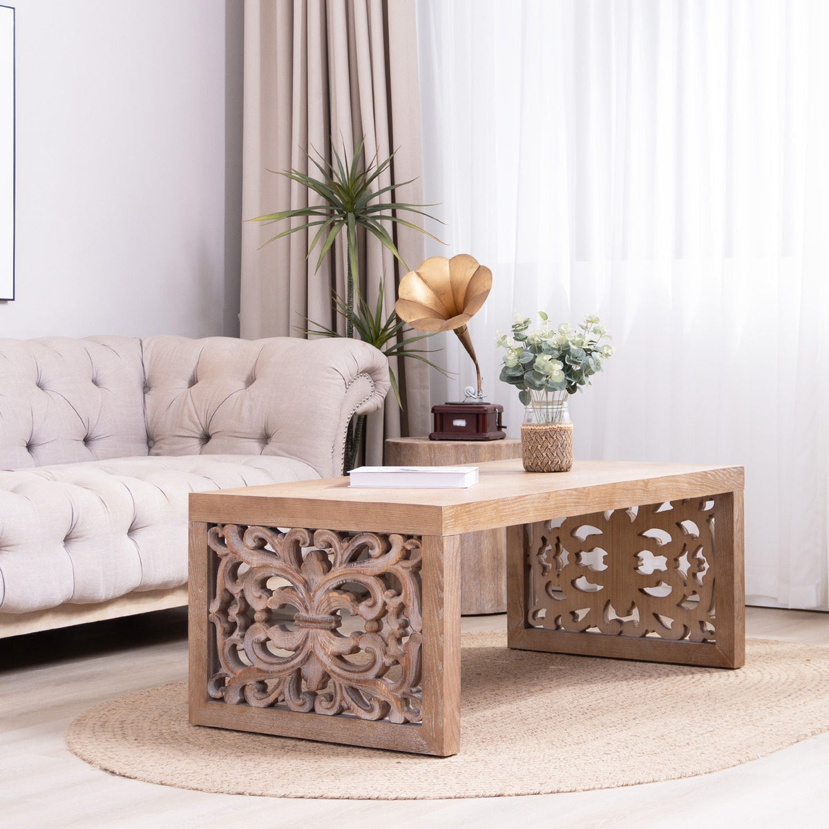 Rustic Carved Wood Coffee Table with Handcrafted Look - Light Brown or Black