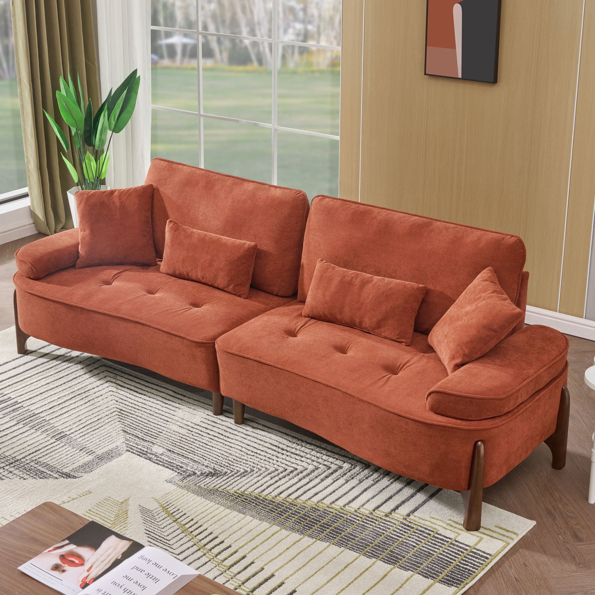 Deep Seated Fabric Stationary Sofa with Plush Pillows - Beige, Green, or Red