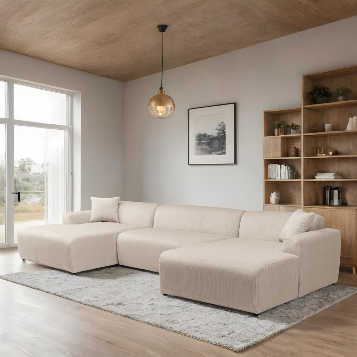 High-Quality Microfiber Sectional Sofa with Deep Seating - Beige or Dark Green