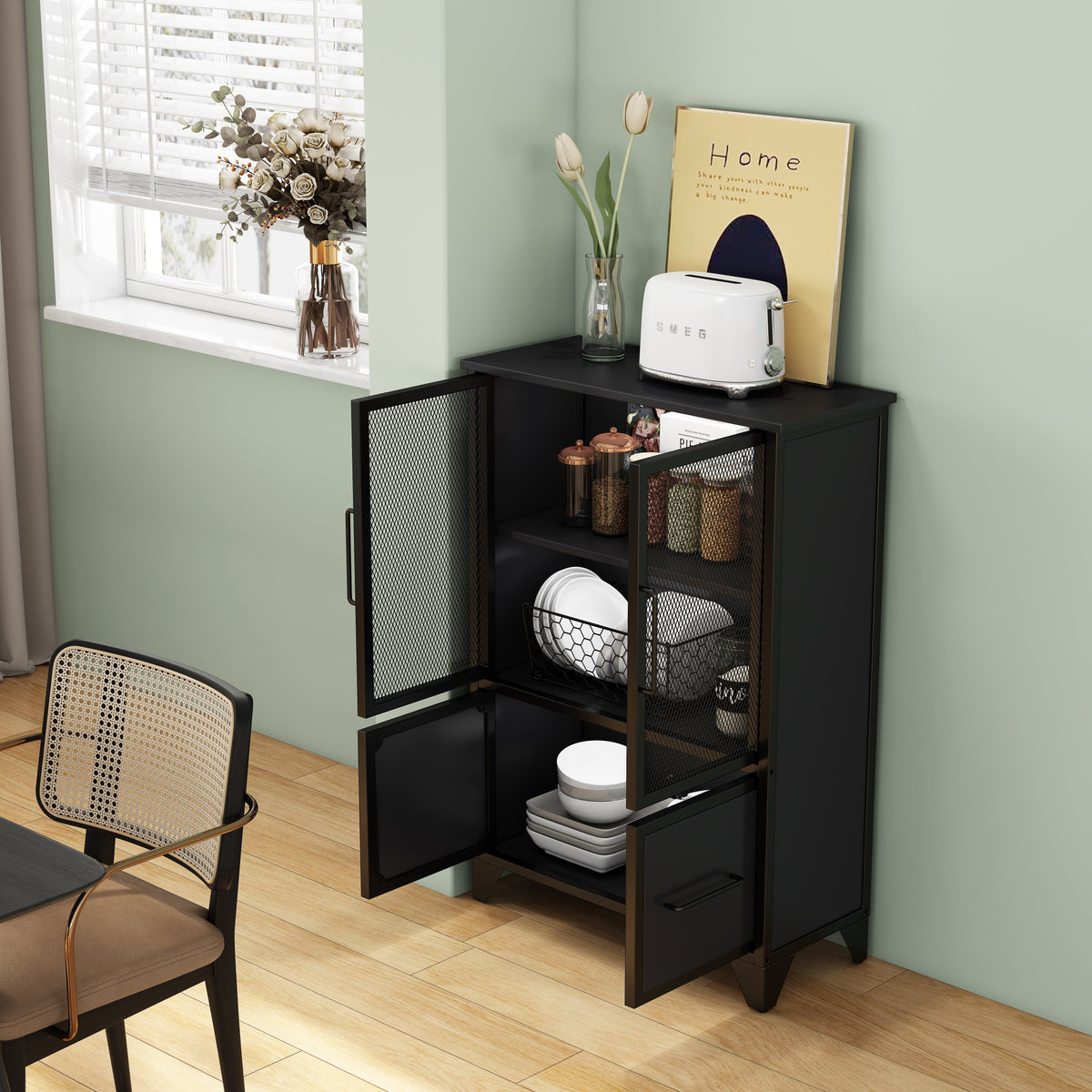 Storage Cabinet With 4 Iron Doors - Black