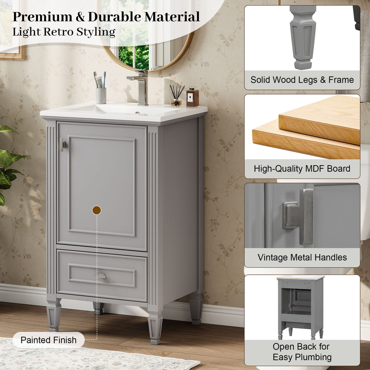 Retro Bathroom Vanity With Sink with Soft-Closing Doors - Green or Dark Gray