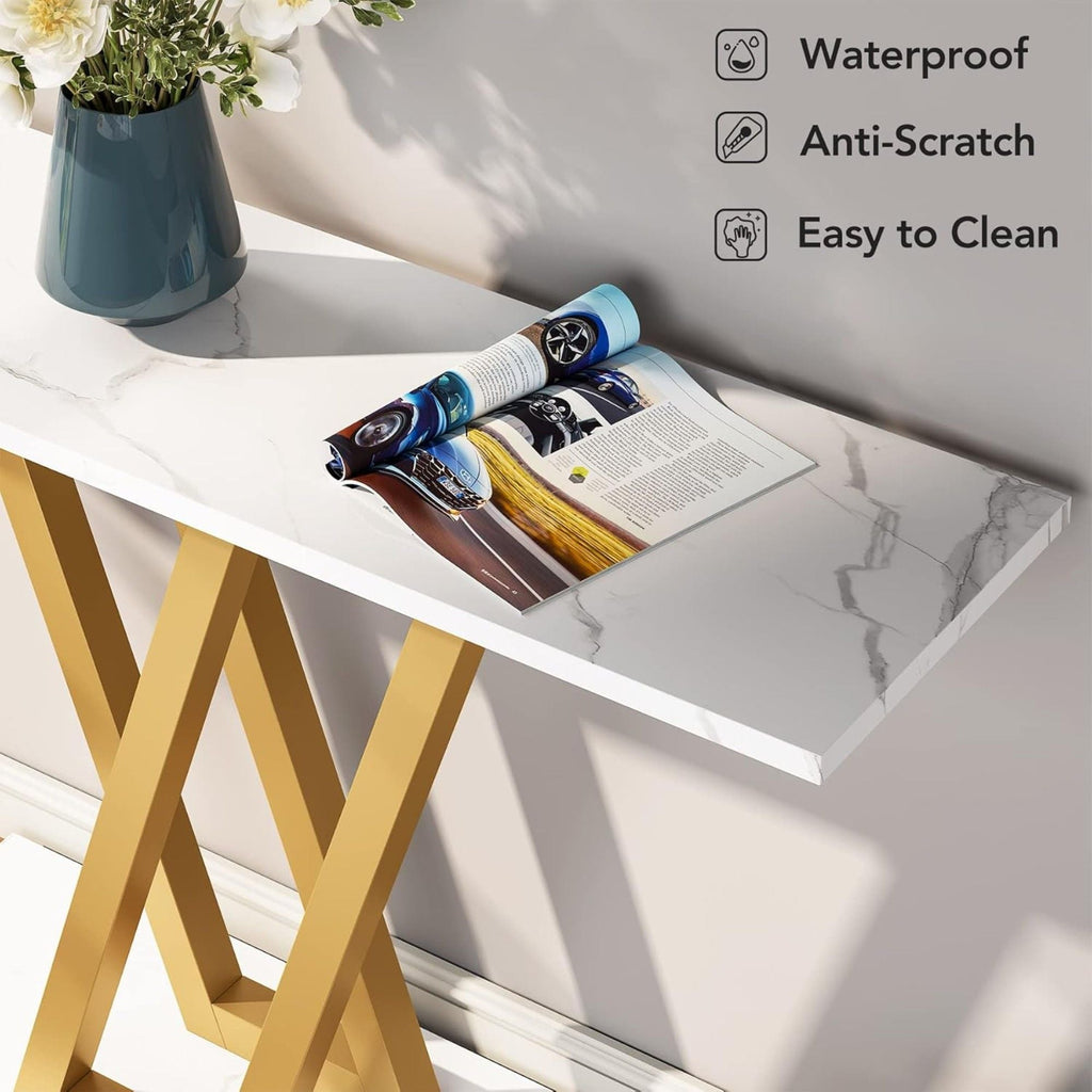 White Console Table with V Leg Frame - Gold