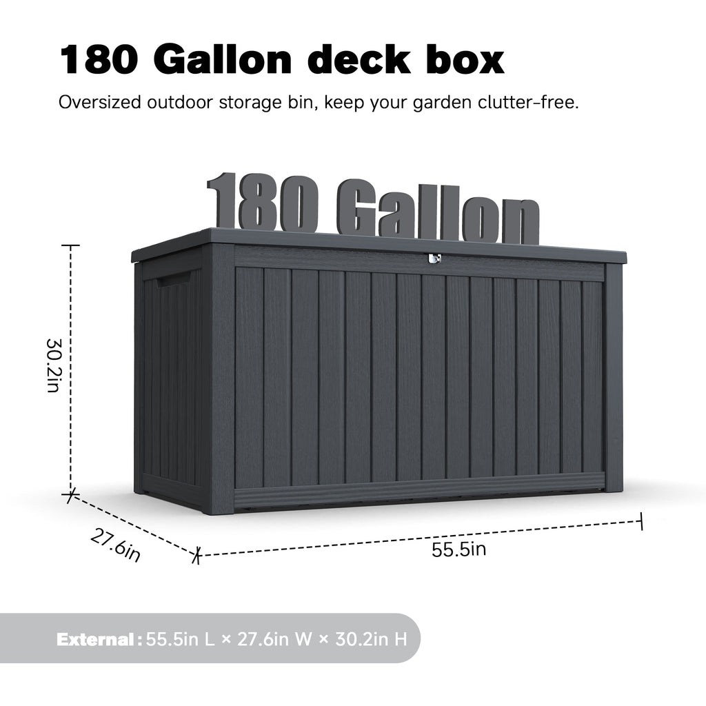 180 Gallon Large Outdoor Storage Deck Box with Lockable Waterproof Resin - Black