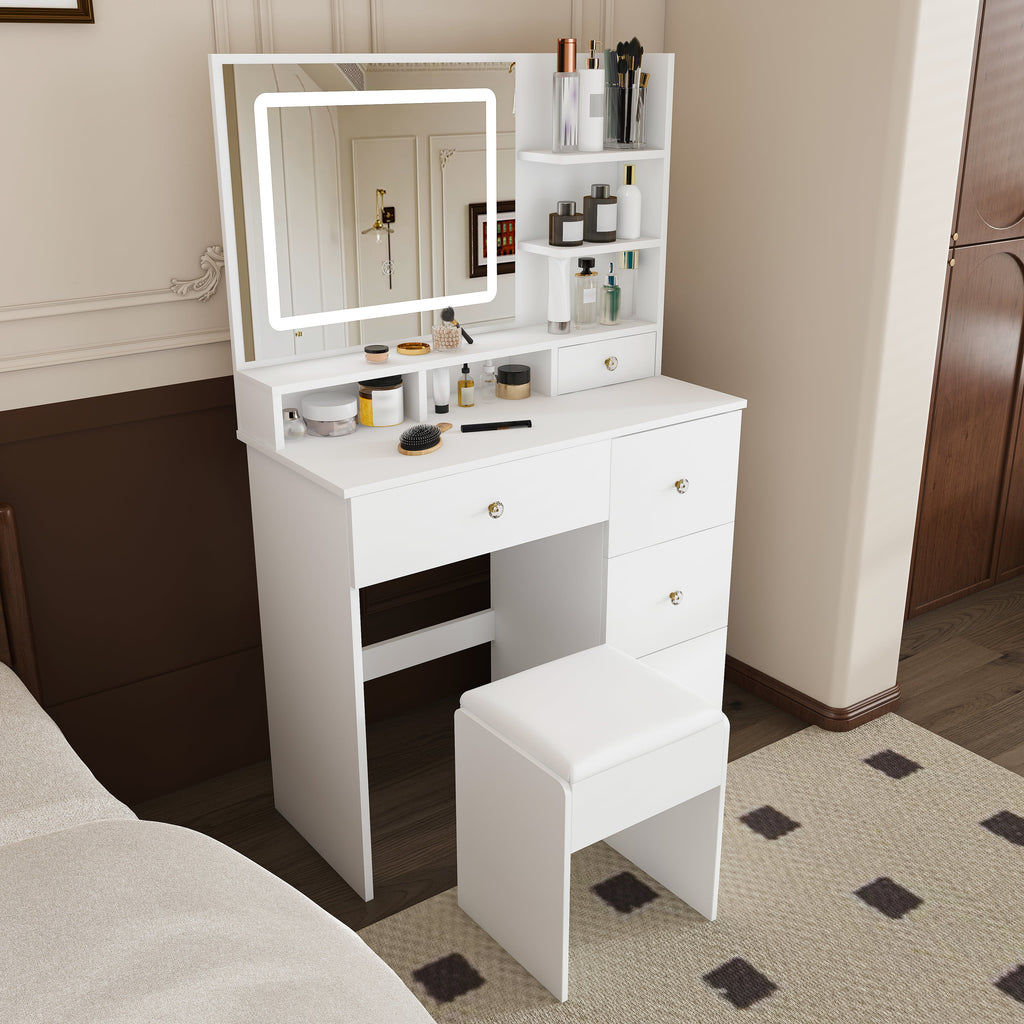 Fashion Vanity Desk with Mirror & Dimmable LED Lights - White MDF