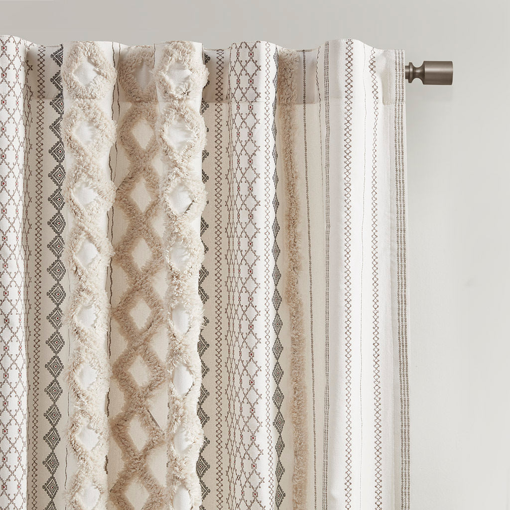 Cotton Printed Curtain Panel with Chenille Stripe - Ivory