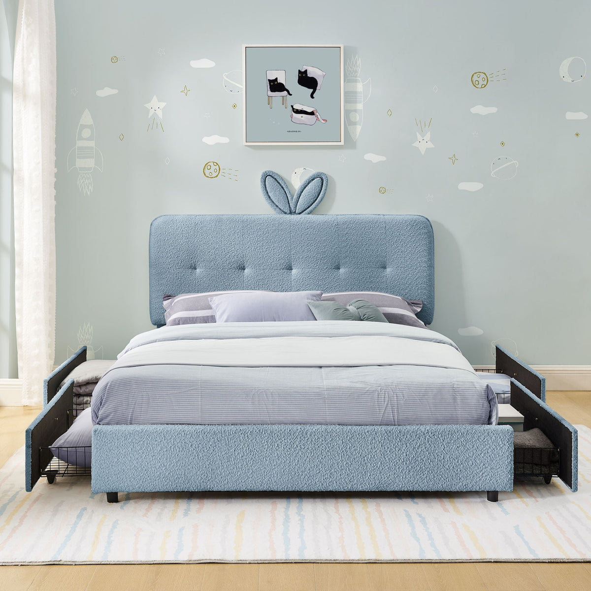 Upholstered Storage Bed with Oversized Rabbit Ear Headboard & LED Lights - Beige or Light Blue