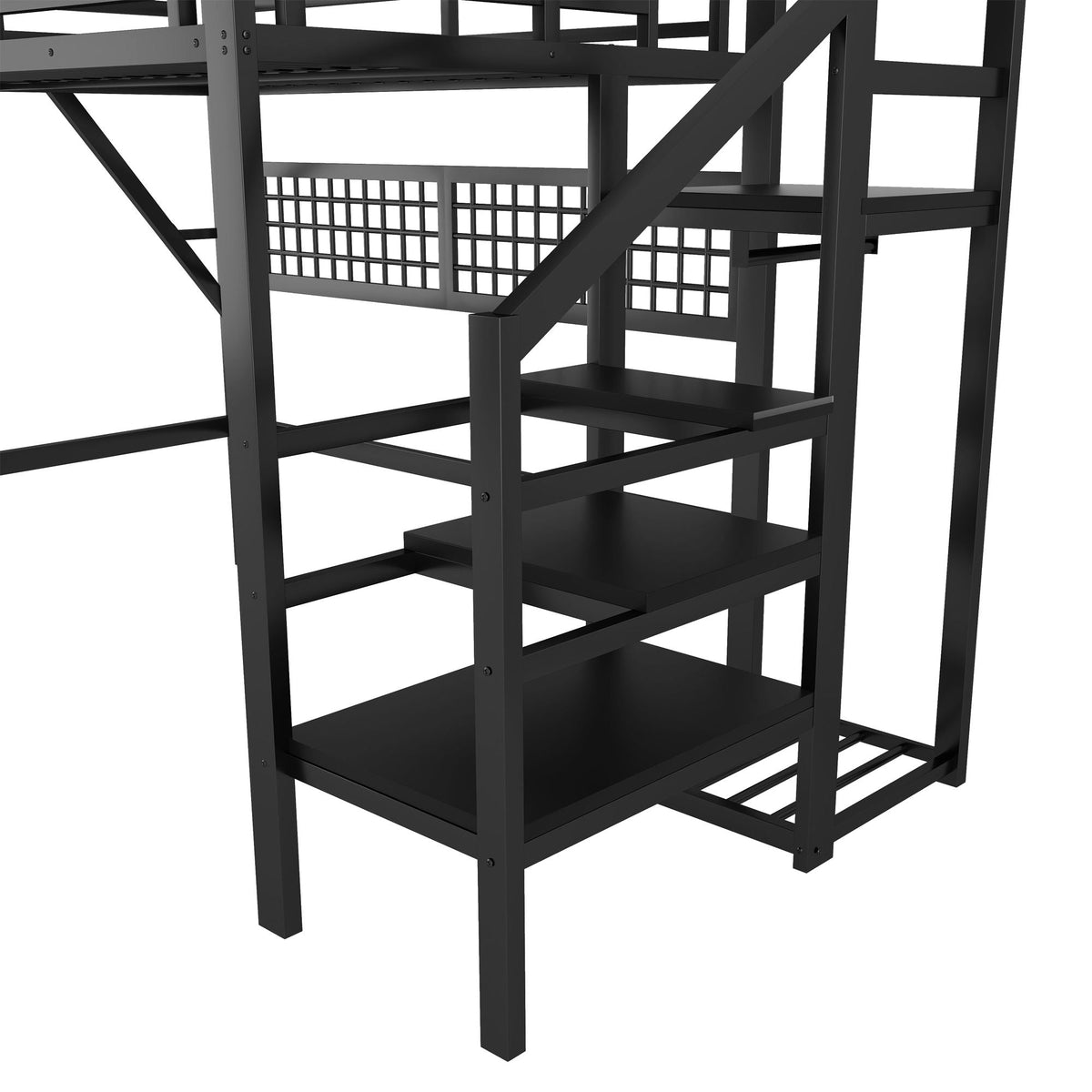 Black Loft Bed with Stairs, Storage Shelf, and LED Lighting