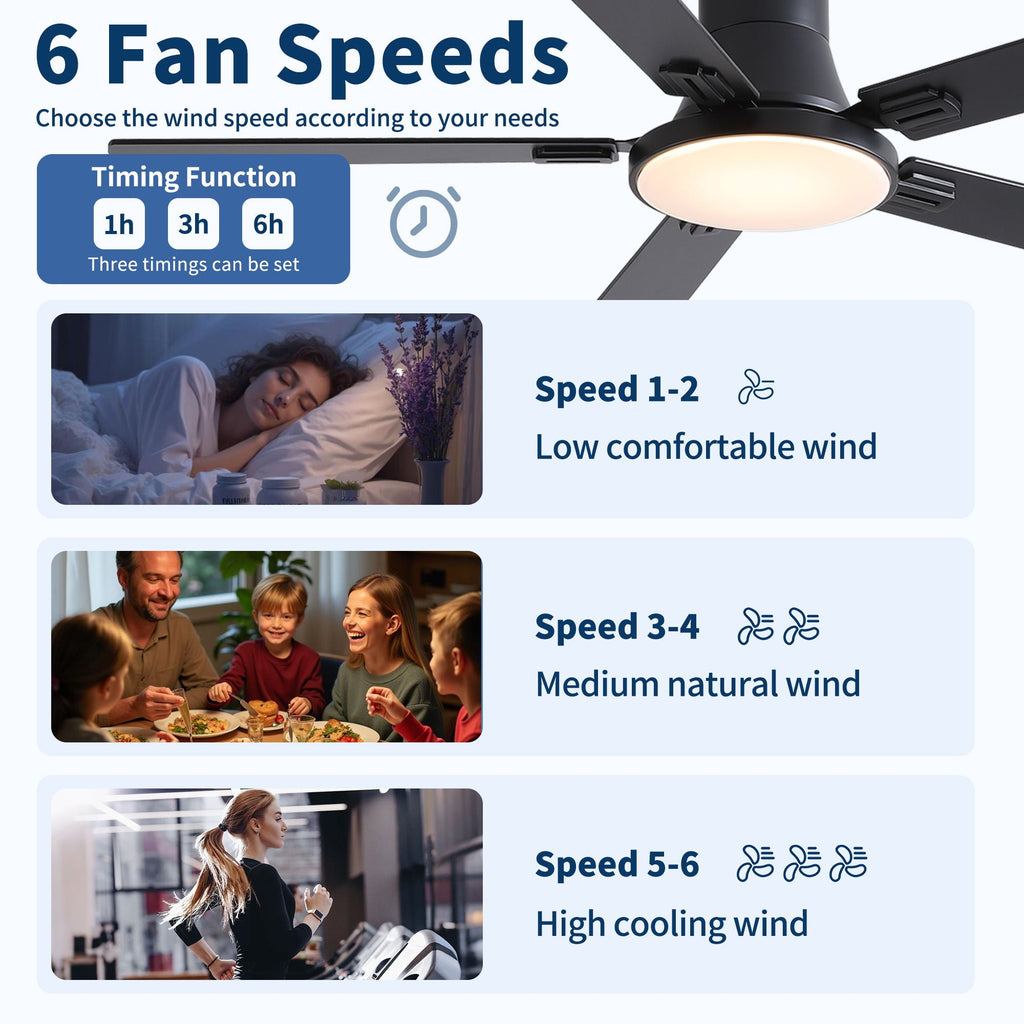 Flush Mount Ceiling Fan with LED Light and Remote Control - Black, White, Pearl Silver