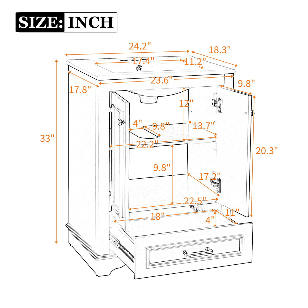 Modern Bathroom Vanity with Ceramic Sink Combo and Storage Cabinet - Multiple Colors