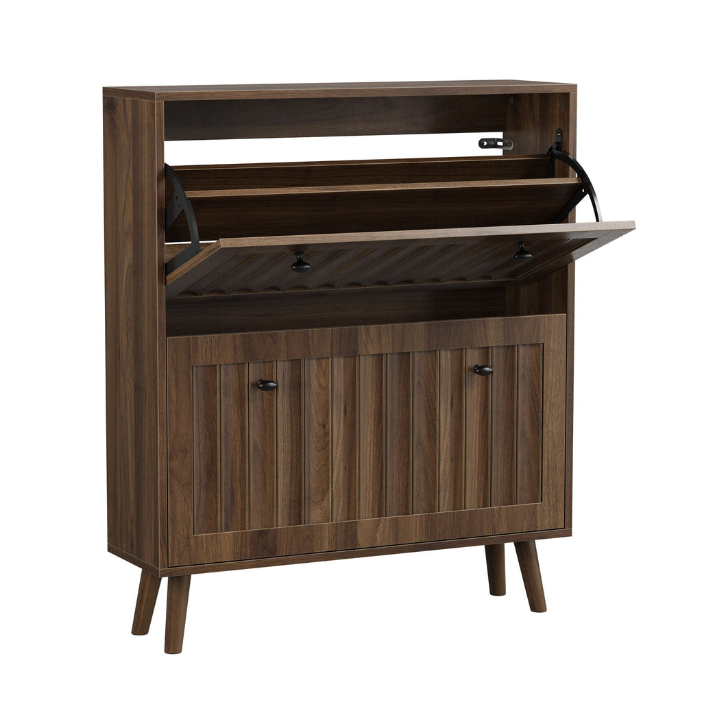 Walnut Shoe Cabinet Storage Unit with Tiered Storage - Dark Brown