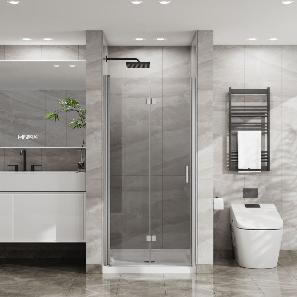 Frameless Glass Shower Door Bifold with Zinc Alloy Handle - Pearl Silver or Black