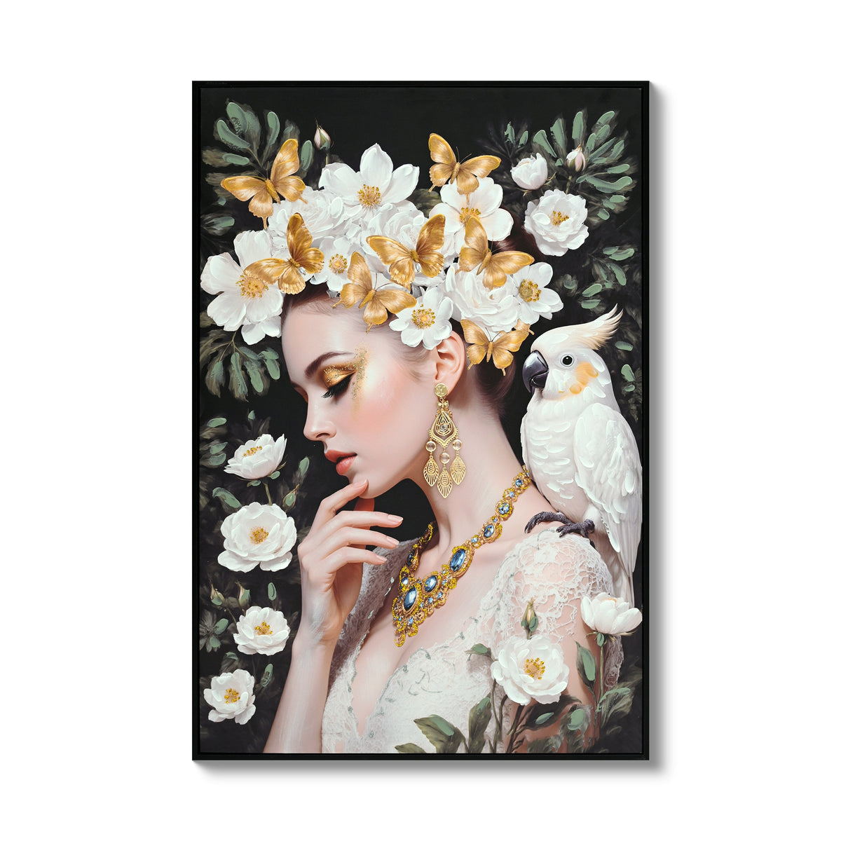 Beauty Lady Wall Art with Gold and White Floral Canvas - Ivory & Gold