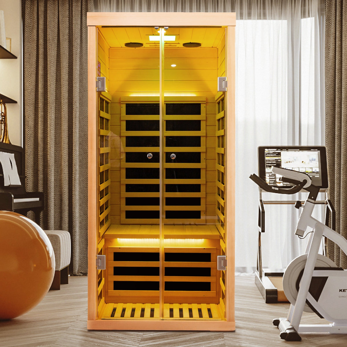 Low EMF Infrared Double Sauna Room with Bluetooth & LED Lighting - Natural Wood