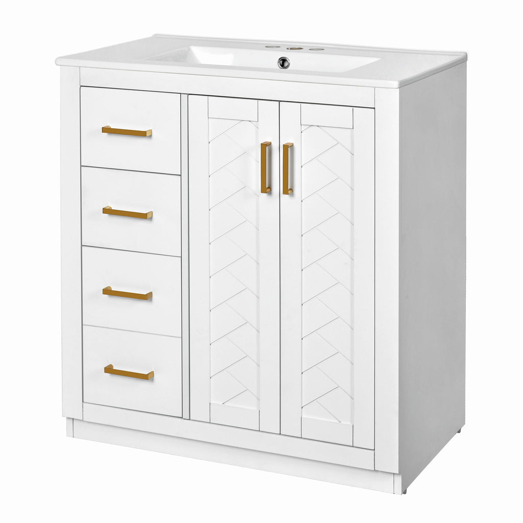 Ceramic Sink Vanity Combo with 3 Drawers and Soft Closing Doors - 30"