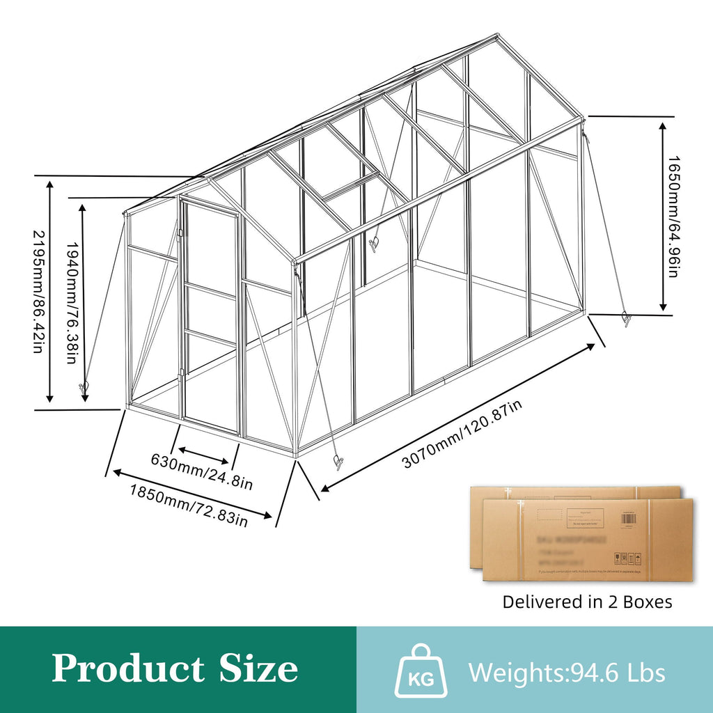 Windproof Greenhouse with Raised Base - Polycarbonate Panels - Black