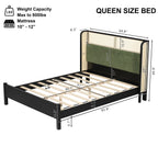 Queen Size Bed Frame with Plush Green Upholstered Headboard - Green