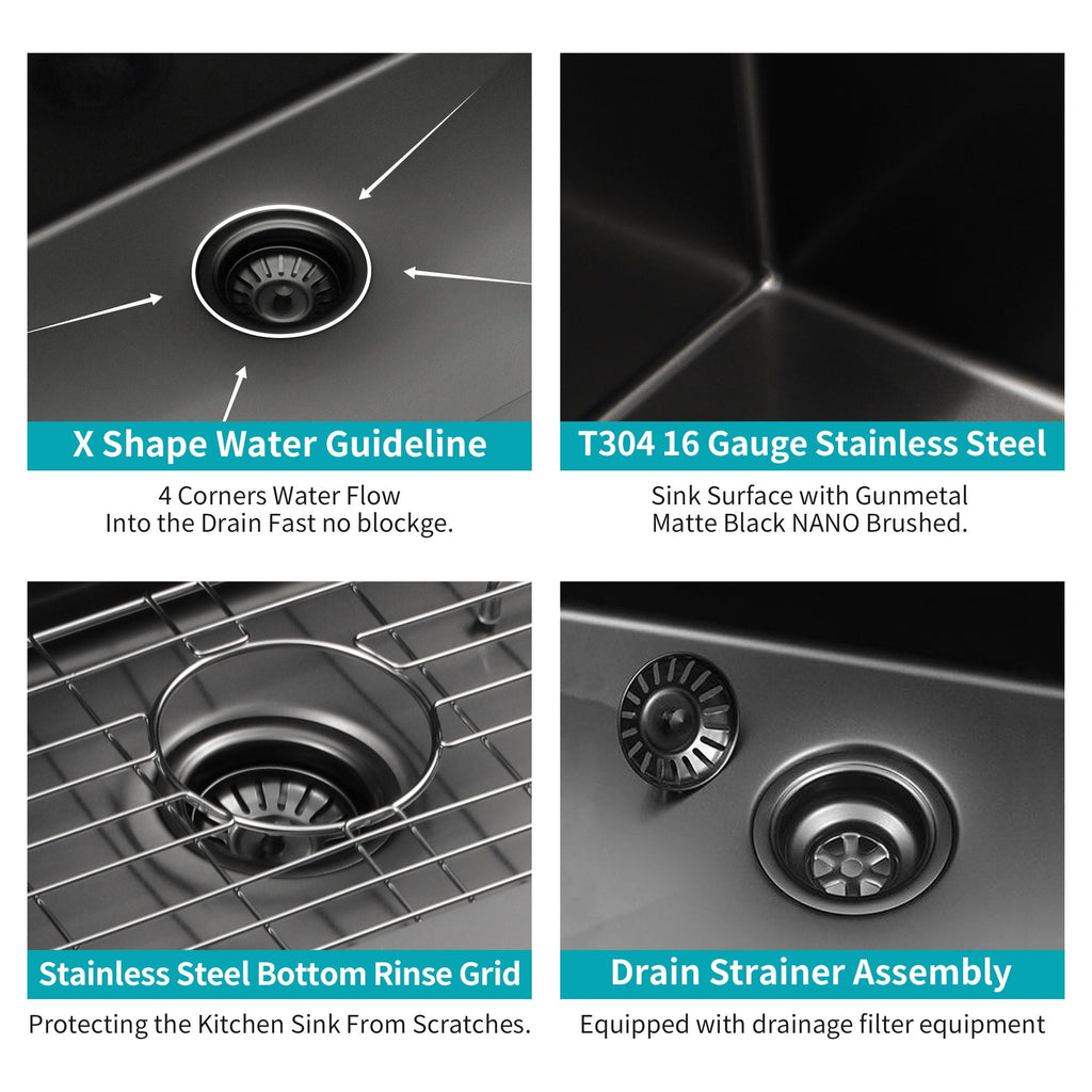 Topmount Kitchen Sink 16 Gauge Single Bowl with Nano Finish - Black