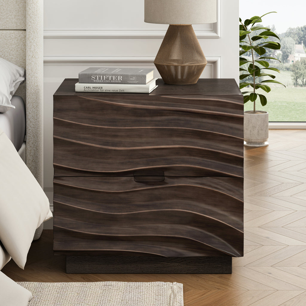 Solid Wood Nightstands with 2 Drawers - Modern Handleless Design - Brown