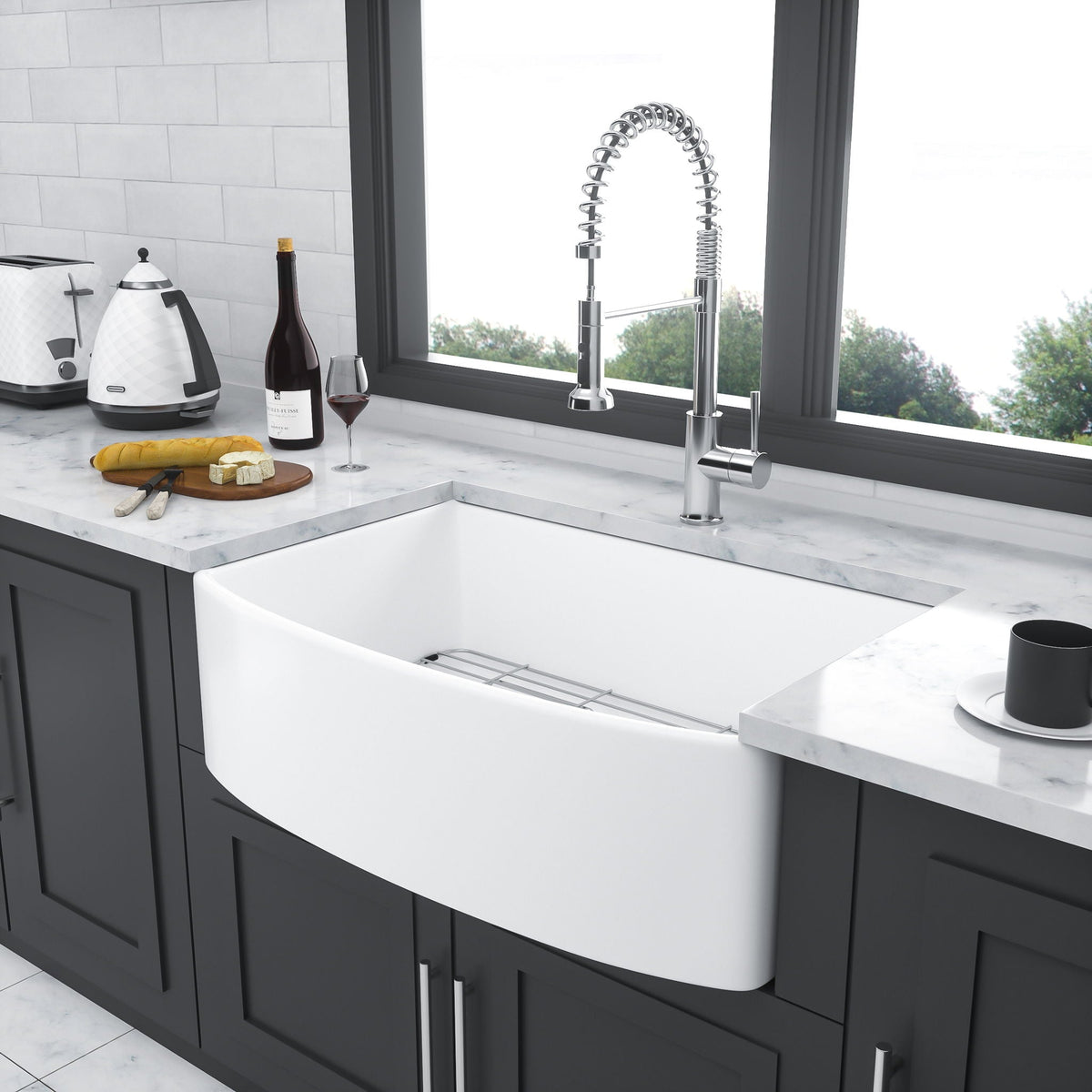 Ceramic Farmhouse Sink Apron Front Single Bowl with Arch Edge - White