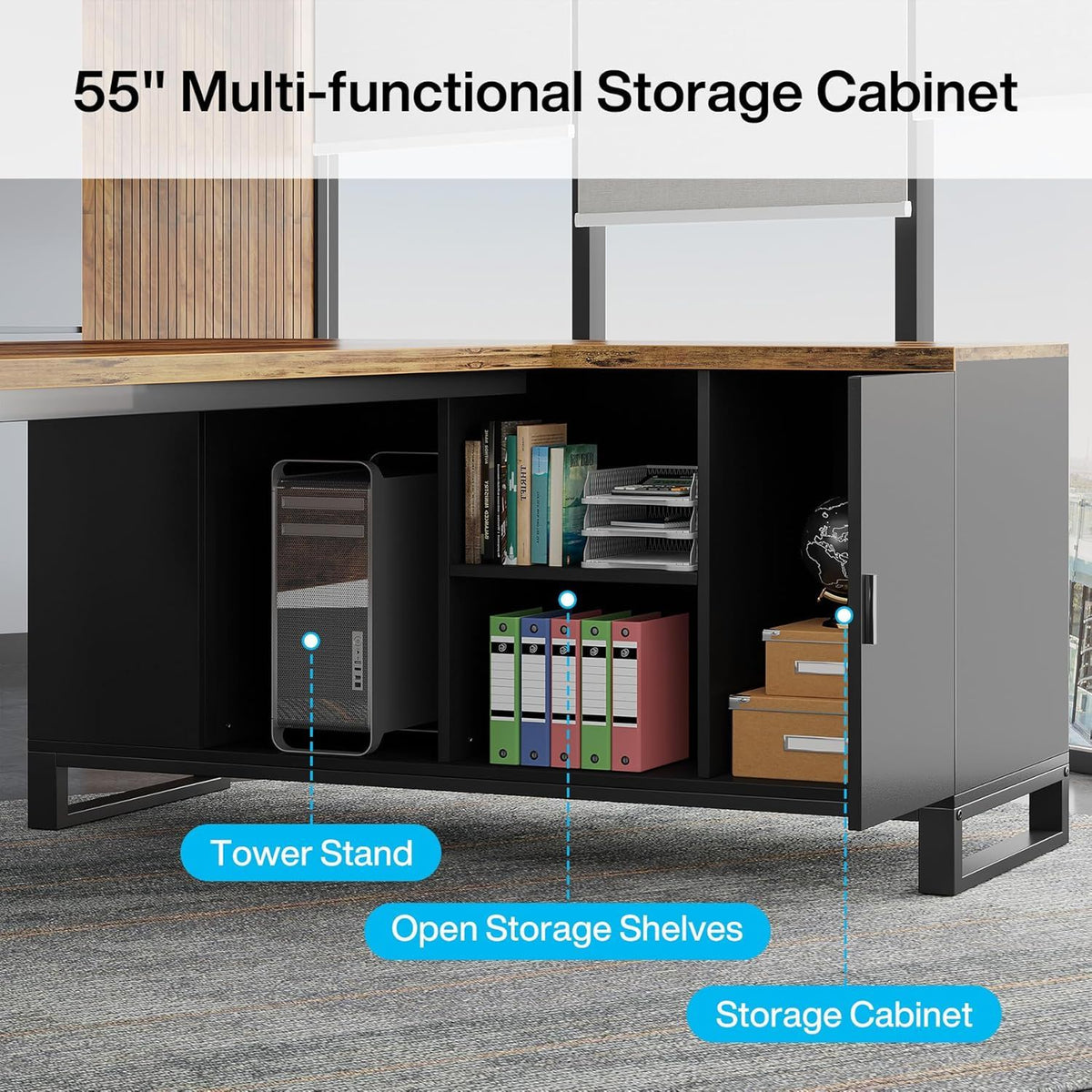 L-Shaped Executive Desk with File Cabinet and Storage - Light Brown or Dark Gray