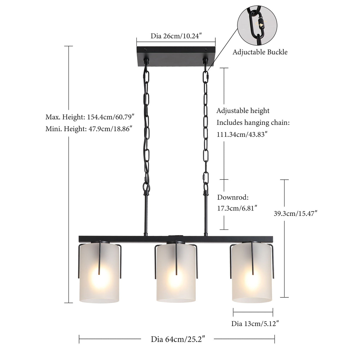 Adjustable Cylindrical Pendant Light with Frosted Glass Shade - Black or Gold