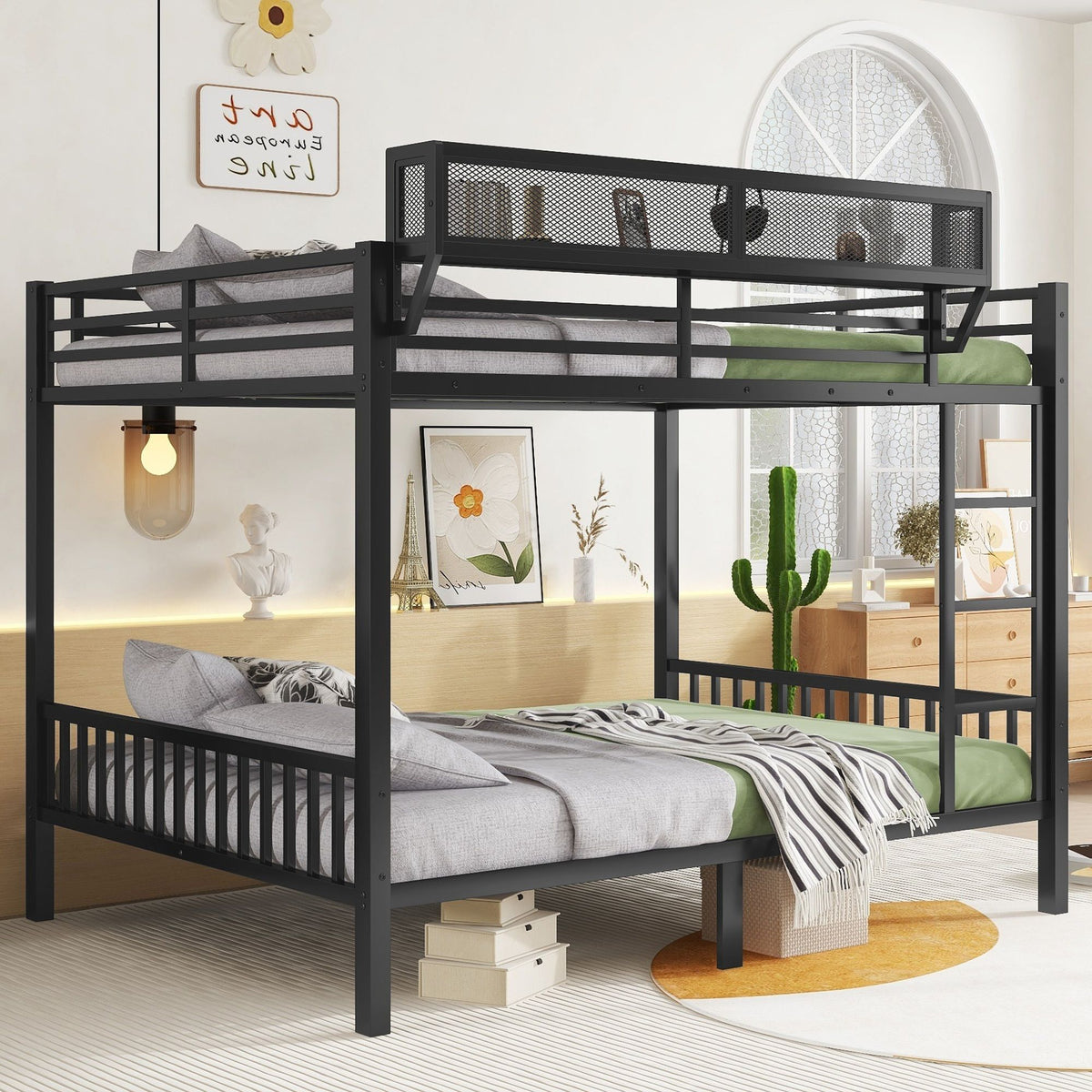 Queen Over Queen Bunk Bed with Storage Shelf and Ladder - Black