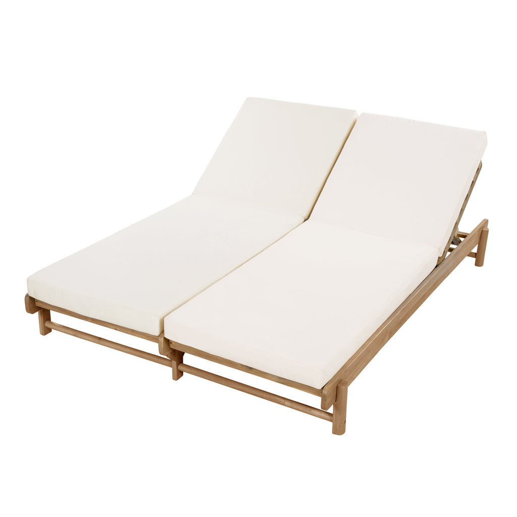 Light Teak Acacia Wood Double Chaise Lounger Set with Adjustable Backrests - Cream