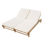Light Teak Acacia Wood Double Chaise Lounger Set with Adjustable Backrests - Cream