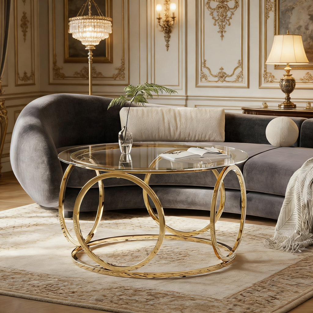 Modern Round Glass Top Coffee Table with Metal Frame - Gold