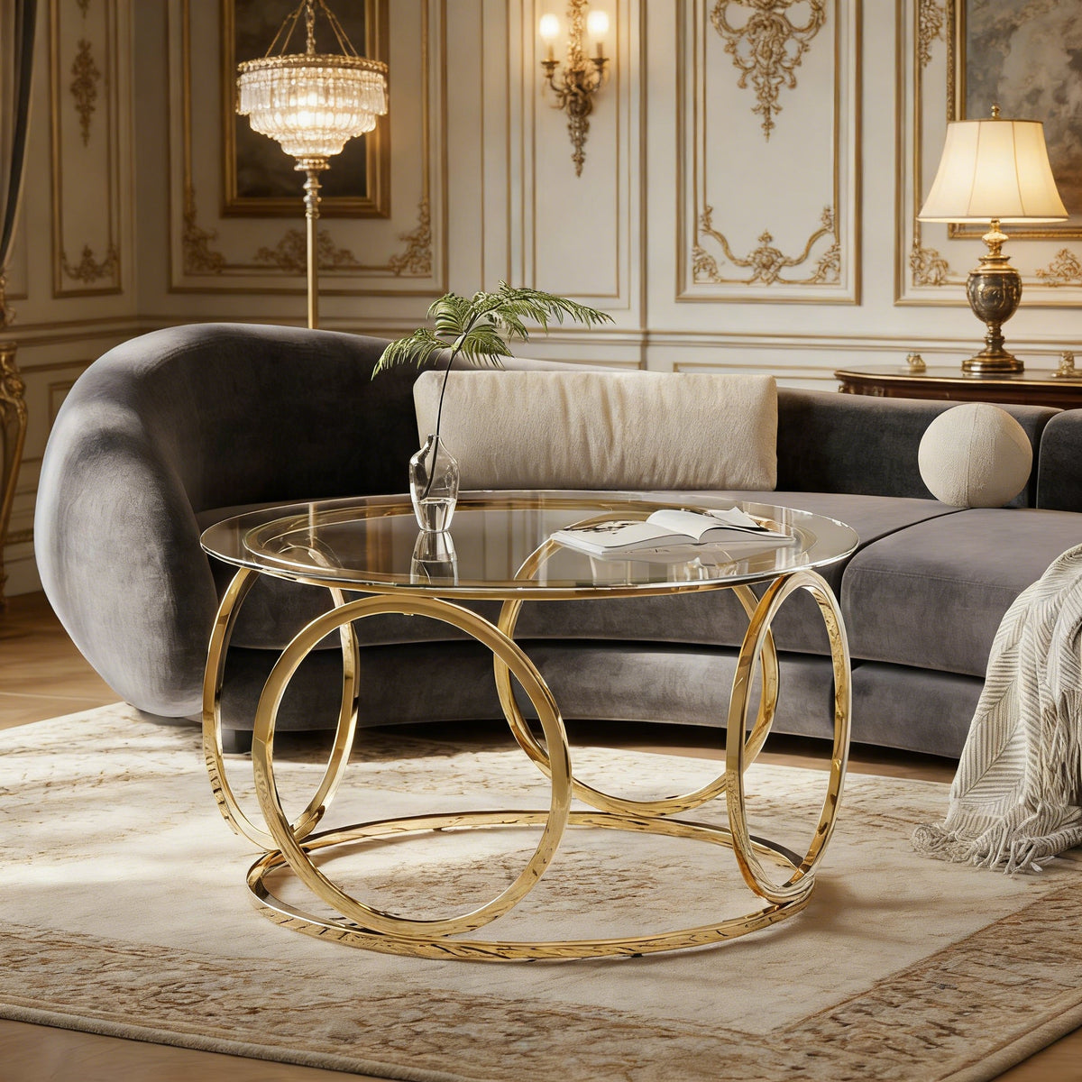 Modern Round Glass Top Coffee Table with Metal Frame - Gold