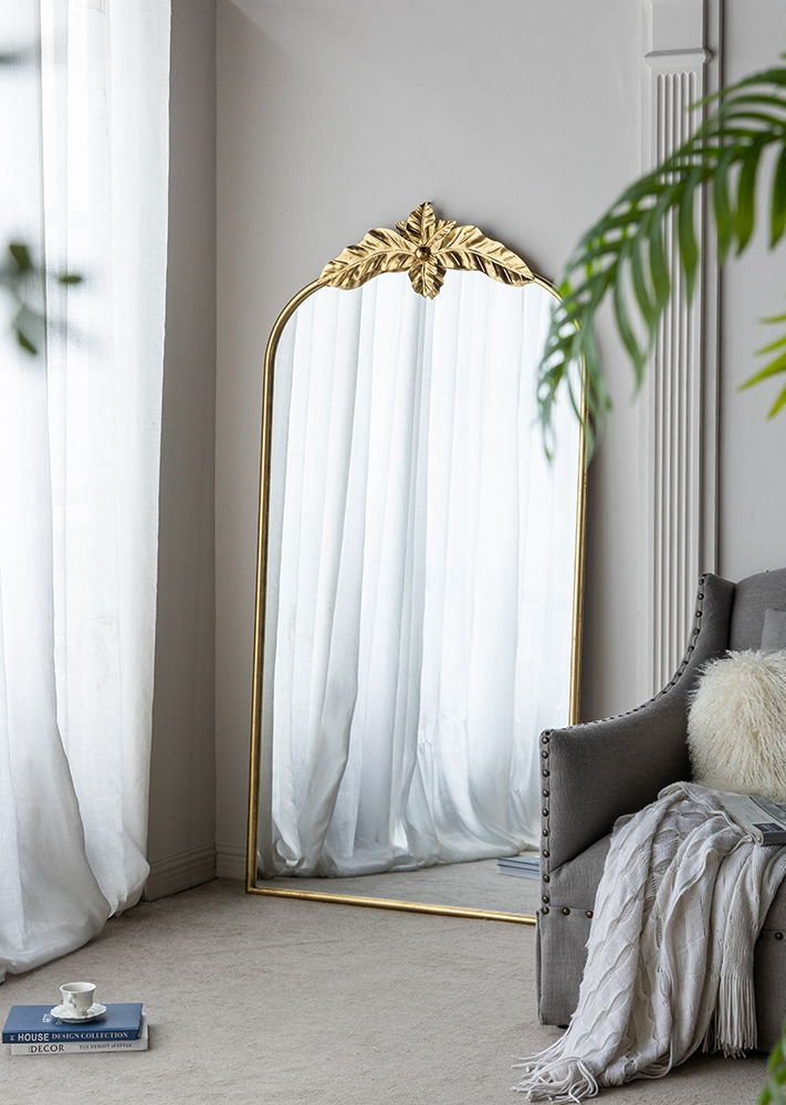 Gold Arched Wall Mirror with Metal Frame - Decorative Accent